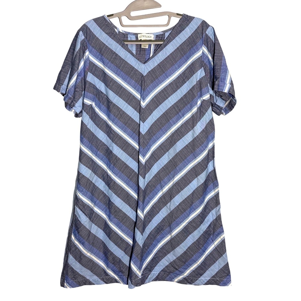 Luxology Blue Striped V-Neck Shift Dress Womens XL